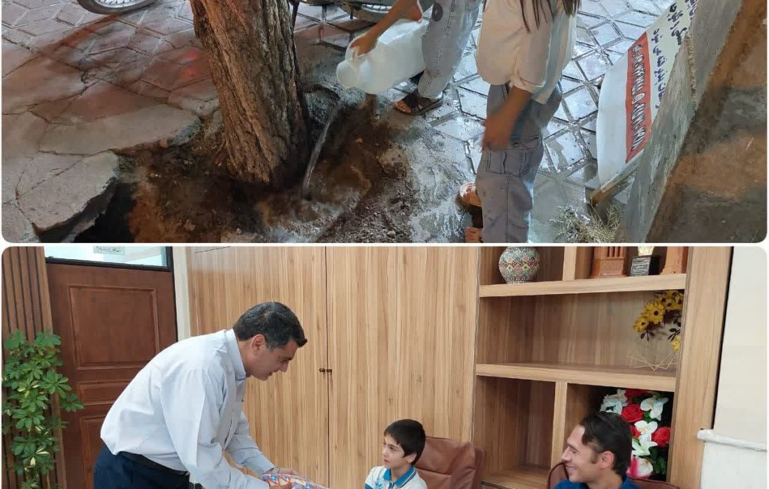 تقدیر شهردار از کودک گنابادی که درختان  شهر را آبیاری می کند